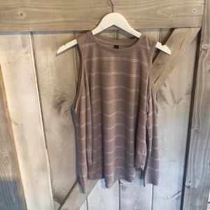 Heather Taupe Striped Cold shoulder Top